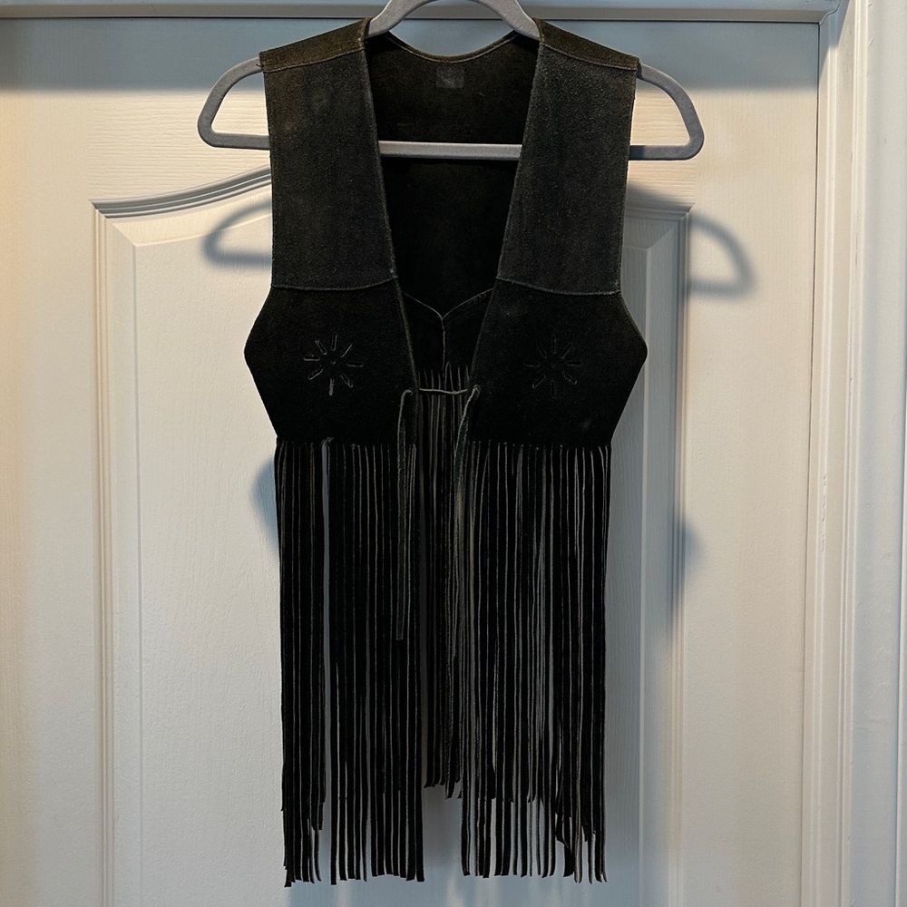 Black Suede Fringe Vest with Decorative Stitching - Women